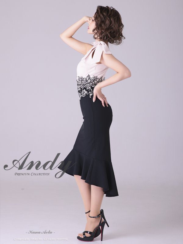 画像3: 【ANDY/アンディ】マーメイド/ショルダーリボン/ バイカラー/ ノースリーブ/ 裾フリル/ テールカット/ ミディアム丈/ キャバドレス[FB03] (3)