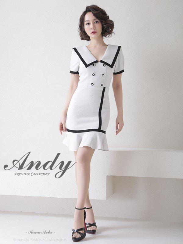 画像2: 【ANDY/アンディ】セーラーカラー/ パイピング/ ボタン/ 半袖/ 袖あり/ タイト/ 裾フリル/ 膝丈/ ワンピース/ ミニドレス/ キャバドレス[OF05] (2)