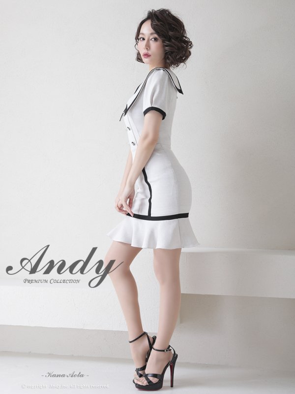 画像3: 【ANDY/アンディ】セーラーカラー/ パイピング/ ボタン/ 半袖/ 袖あり/ タイト/ 裾フリル/ 膝丈/ ワンピース/ ミニドレス/ キャバドレス[OF05] (3)