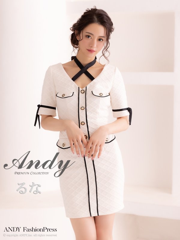 【ANDY Fashion Press vol.14 掲載商品】バイカラー/ 五分袖/ 半袖/ 袖あり/ パイピング/ クロスリボン/ ボタン/ タイト/ ミニドレス/ キャバドレス[OF05]　アイボリーブラック