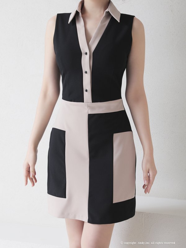 画像6: 【ANDY/アンディ】襟付き/ バイカラー/ 切替/ ノースリーブ/ タイト/ ミニドレス/ キャバドレス[FB03] (6)