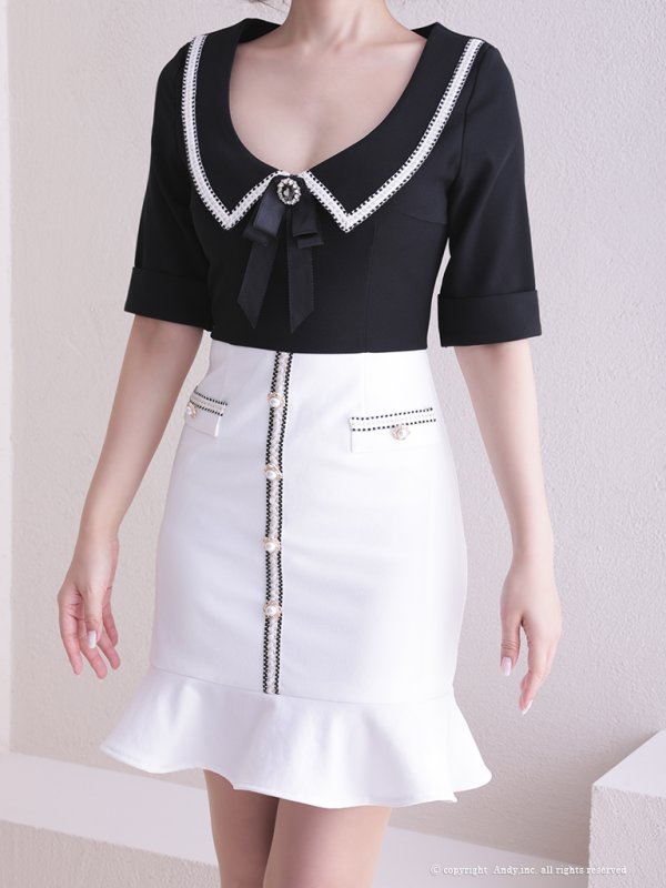 画像14: 【ANDY/アンディ】バイカラー/ 切り替えデザイン/ リボンブローチ/ 半袖/ 袖あり/ タイト/ ミニドレス/ キャバドレス[OF05] (14)