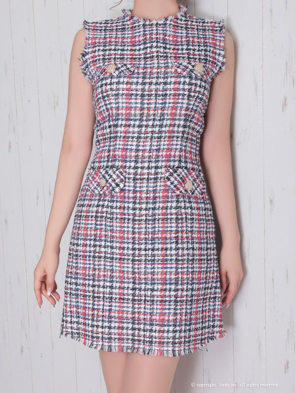 画像5: 【ANDY/アンディ】ミックスツイード/ フリンジ/ チェック柄/ クルーネック/ Aライン/ ワンピース/ ミニドレス/ キャバドレス[OF05] (5)