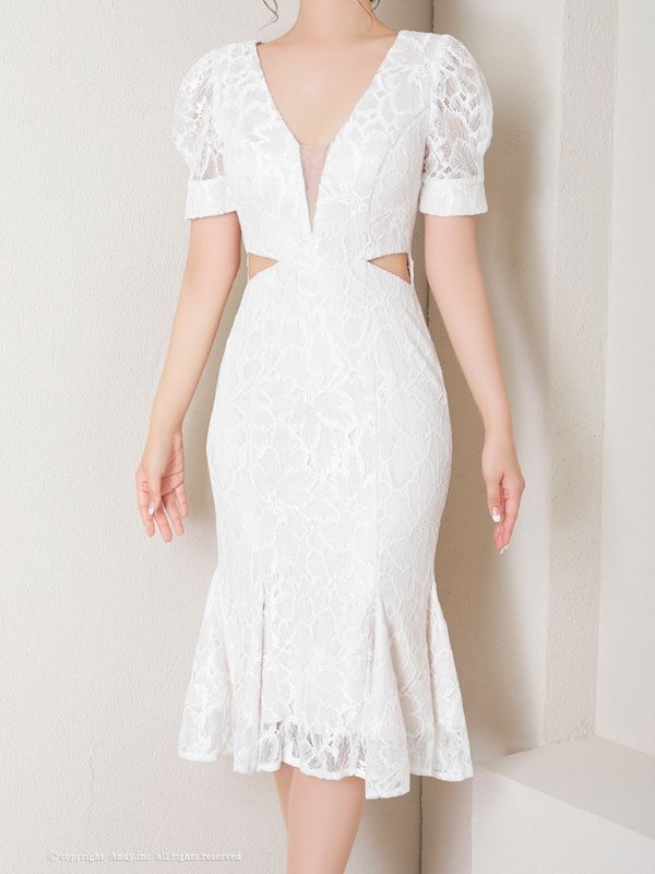 画像20: 【Andy ANDY Fashion Press 15 COLLECTION 01】フラワーレース/ ウエストカット/ 袖あり/ 半袖/ パフスリーブ/ シアー/ タイト/ 膝丈/ ミディアムドレス/ キャバドレス[OF05] (20)