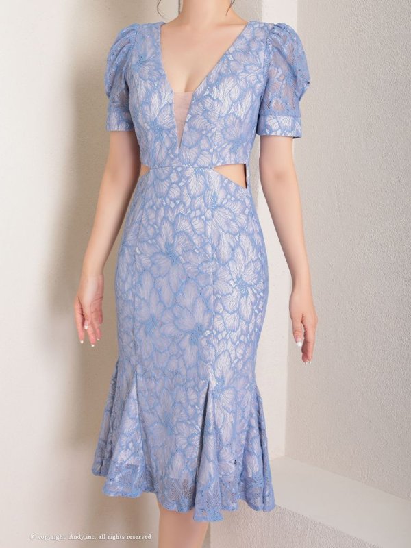 画像12: 【Andy ANDY Fashion Press 15 COLLECTION 01】フラワーレース/ ウエストカット/ 袖あり/ 半袖/ パフスリーブ/ シアー/ タイト/ 膝丈/ ミディアムドレス/ キャバドレス[OF05] (12)