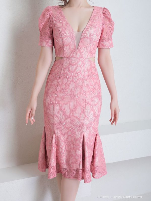 画像29: 【Andy ANDY Fashion Press 15 COLLECTION 01】フラワーレース/ ウエストカット/ 袖あり/ 半袖/ パフスリーブ/ シアー/ タイト/ 膝丈/ ミディアムドレス/ キャバドレス[OF05] (29)