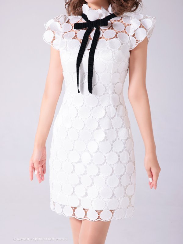 画像13: 【Andy /アンディ】ドットレース/ ハイネック/ フロントリボン/ 半袖/ タイト/ ミニドレス/ キャバドレス[OF05] (13)