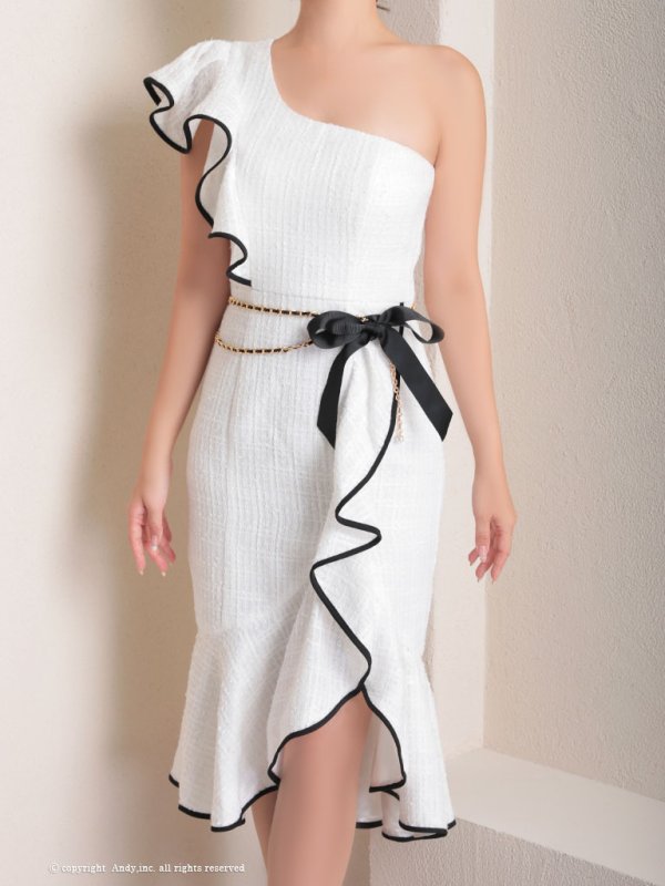 画像6: XSサイズあり【Andy ANDY Fashion Press 17 COLLECTION 02】ツイード/ アシンメトリー/ ワンショル/ ウエストリボン/ チェーンベルト/ フリルテール/ ミディアムドレス/ キャバドレス[OF05] (6)