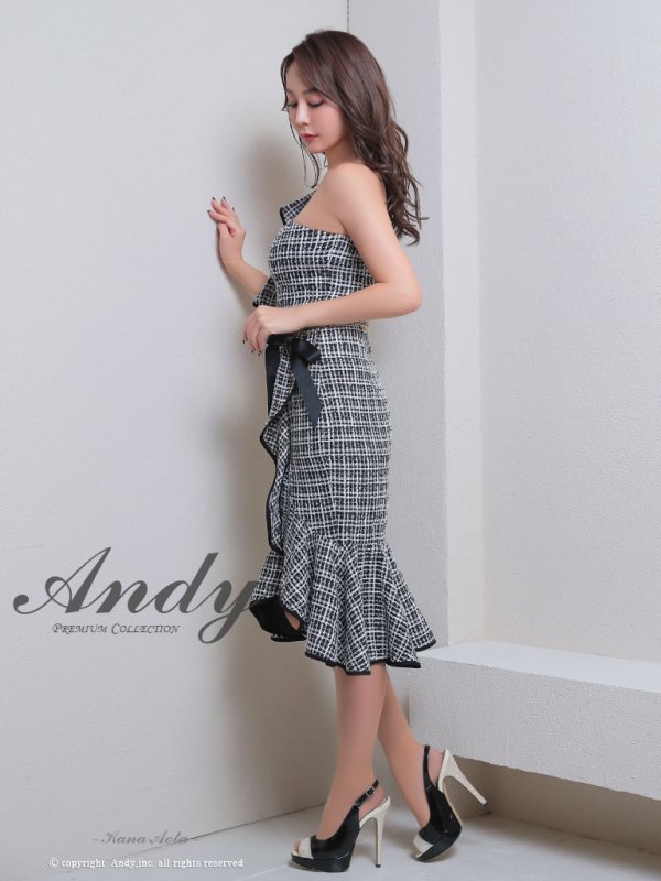 画像13: XSサイズあり【Andy ANDY Fashion Press 17 COLLECTION 02】ツイード/ アシンメトリー/ ワンショル/ ウエストリボン/ チェーンベルト/ フリルテール/ ミディアムドレス/ キャバドレス[OF05] (13)