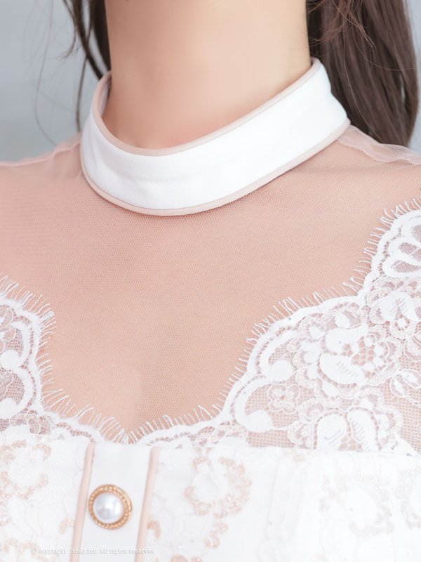 画像8: 【Andy ANDY Fashion Press 17 COLLECTION 05】レース/ シアー/ ハイネック/ パールボタン/ 袖あり/ 半袖/ タイト/ ミニドレス/ キャバドレス[OF05] (8)