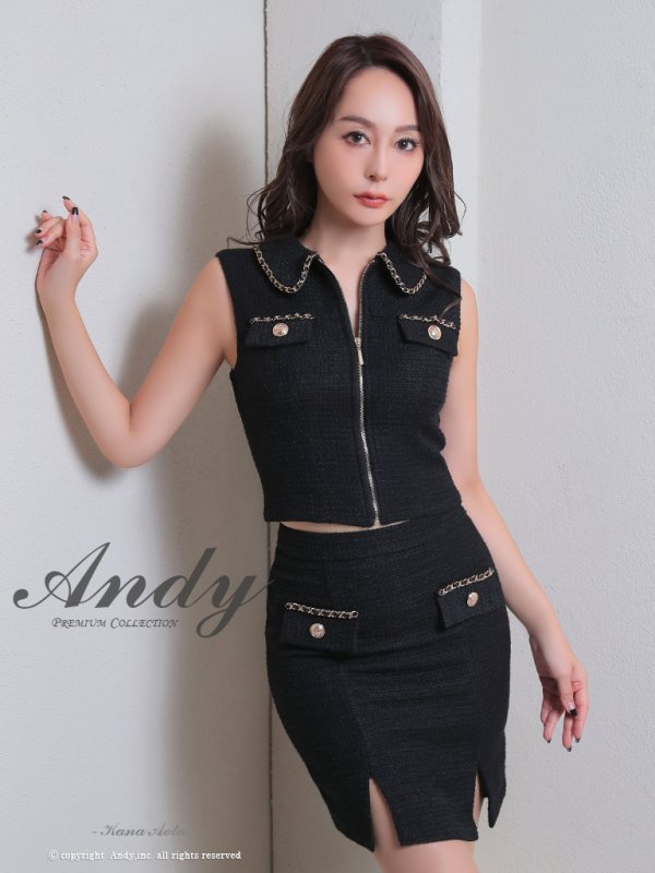 【Andy ANDY Fashion Press 17 COLLECTION 06】セットアップ/ 半袖/ 袖あり/ ノースリーブ/ 2way/ ツイード/ チェーン/ タイト/ ミニドレス/ キャバドレス[OF05]　ブラック