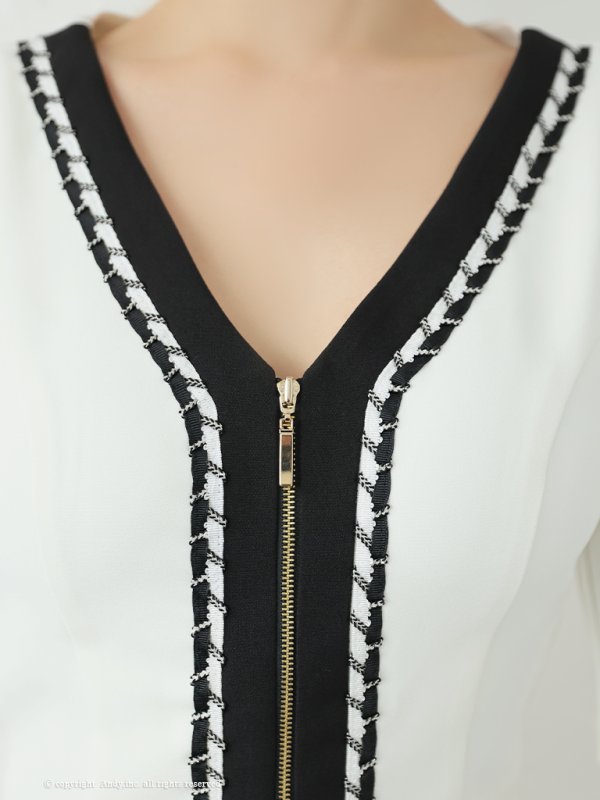 画像16: 【ANDY/アンディ】バイカラー/ チェーンパイピング/ 袖あり/ 半袖/ フロントジップ/ ベルト/ タイト/ セットアップ/ ミニドレス/ キャバドレス[OF05] (16)