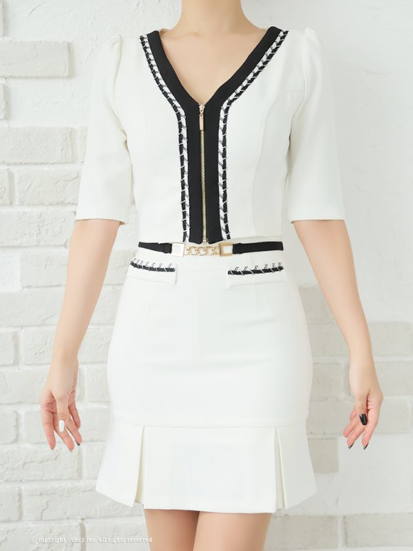 画像15: 【ANDY/アンディ】バイカラー/ チェーンパイピング/ 袖あり/ 半袖/ フロントジップ/ ベルト/ タイト/ セットアップ/ ミニドレス/ キャバドレス[OF05] (15)