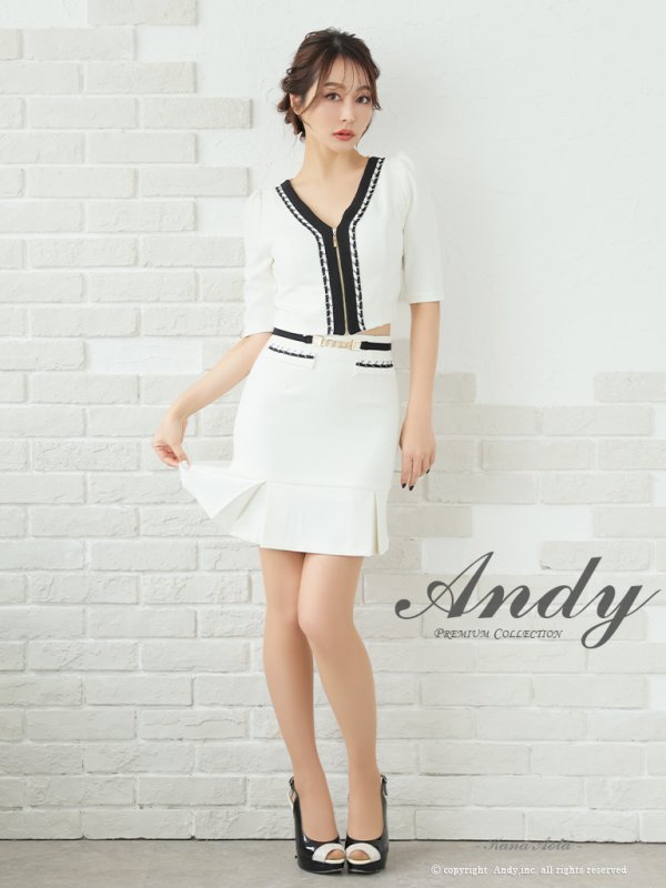画像12: 【ANDY/アンディ】バイカラー/ チェーンパイピング/ 袖あり/ 半袖/ フロントジップ/ ベルト/ タイト/ セットアップ/ ミニドレス/ キャバドレス[OF05] (12)