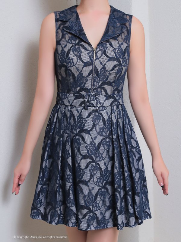 画像12: XSサイズあり【ANDY/アンディ】総レース/ 襟付き/ フロントジッパー/ ベルト/ ノースリーブ/ プリーツ/ Aライン/ フレア/ ミニドレス/ キャバドレス[OF05] (12)