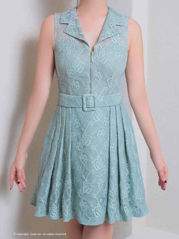 画像5: XSサイズあり【ANDY/アンディ】総レース/ 襟付き/ フロントジッパー/ ベルト/ ノースリーブ/ プリーツ/ Aライン/ フレア/ ミニドレス/ キャバドレス[OF05] (5)