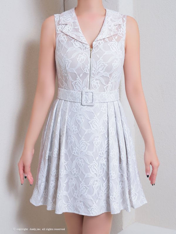 画像19: XSサイズあり【ANDY/アンディ】総レース/ 襟付き/ フロントジッパー/ ベルト/ ノースリーブ/ プリーツ/ Aライン/ フレア/ ミニドレス/ キャバドレス[OF05] (19)