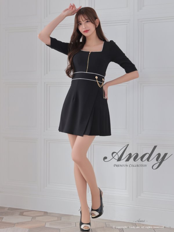 画像28: XSサイズあり【ANDY/アンディ】フロントジップ/ バイカラー/ チェーン/ 袖あり/ 七分袖/ フレア/ ミニドレス/ キャバドレス[OF05] (28)