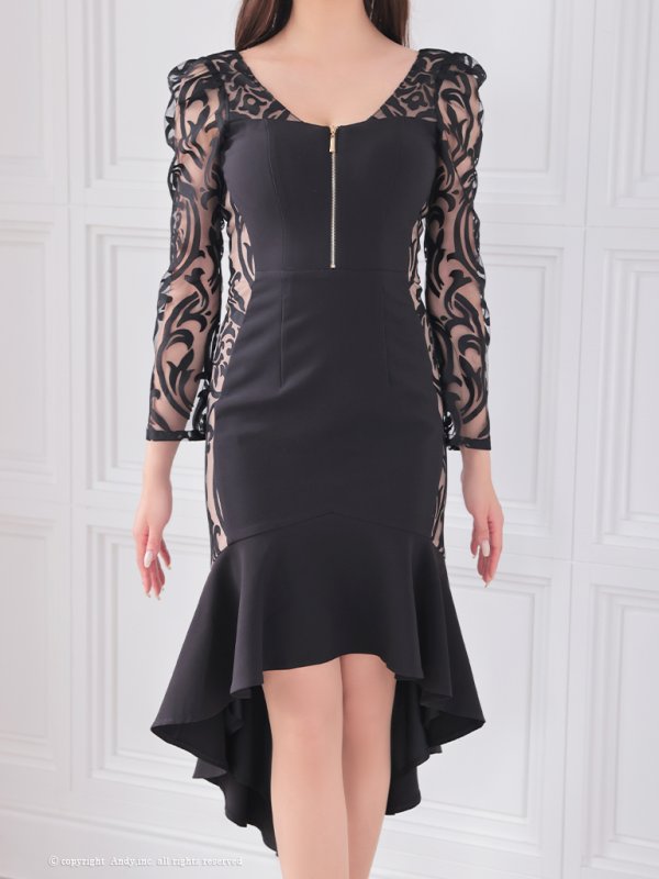 画像21: 【ANDY/アンディ】 シアー/ ジップ/ 長袖/ 七分袖/ テールカット/ マーメイド/  膝丈/ ミディアムドレス/ キャバドレス[OF05] (21)