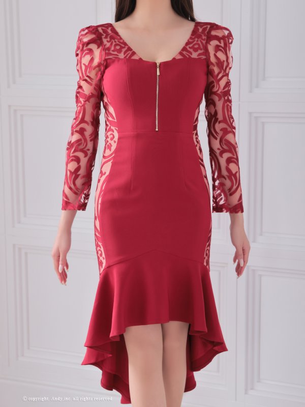 画像13: 【ANDY/アンディ】 シアー/ ジップ/ 長袖/ 七分袖/ テールカット/ マーメイド/  膝丈/ ミディアムドレス/ キャバドレス[OF05] (13)