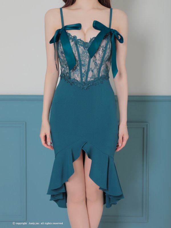 画像6: 【ANDY/アンディ】 フラワーレース/  リボンデザイン/  テールカット/ フリル/  膝丈/ ミディアムドレス/ キャバドレス[OF05] (6)