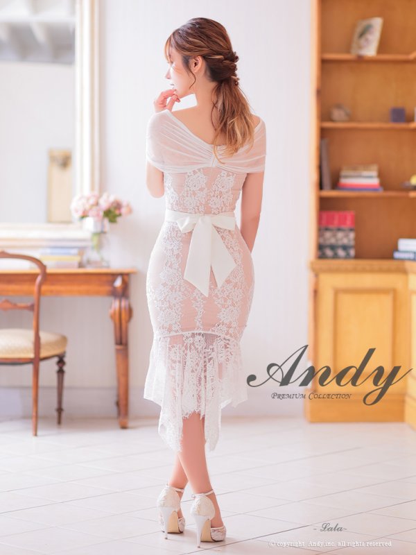画像12: 【ANDY/アンディ】 レース/ アシメ/ カットアウト/ フリル/ オフショルデザイン/ 膝丈/ ミディアムドレス/ キャバドレス[OF05] (12)