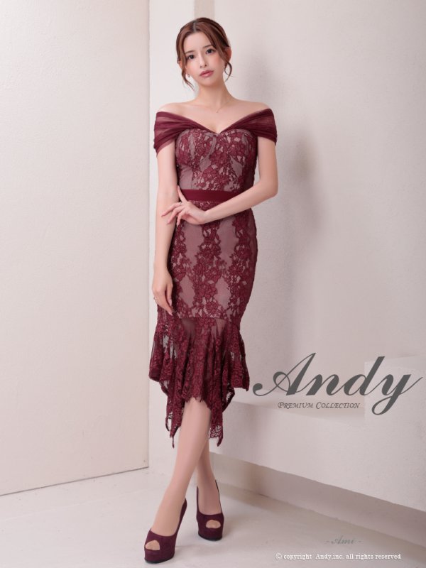 画像2: 【ANDY/アンディ】 レース/ アシメ/ カットアウト/ フリル/ オフショルデザイン/ 膝丈/ ミディアムドレス/ キャバドレス[OF05] (2)