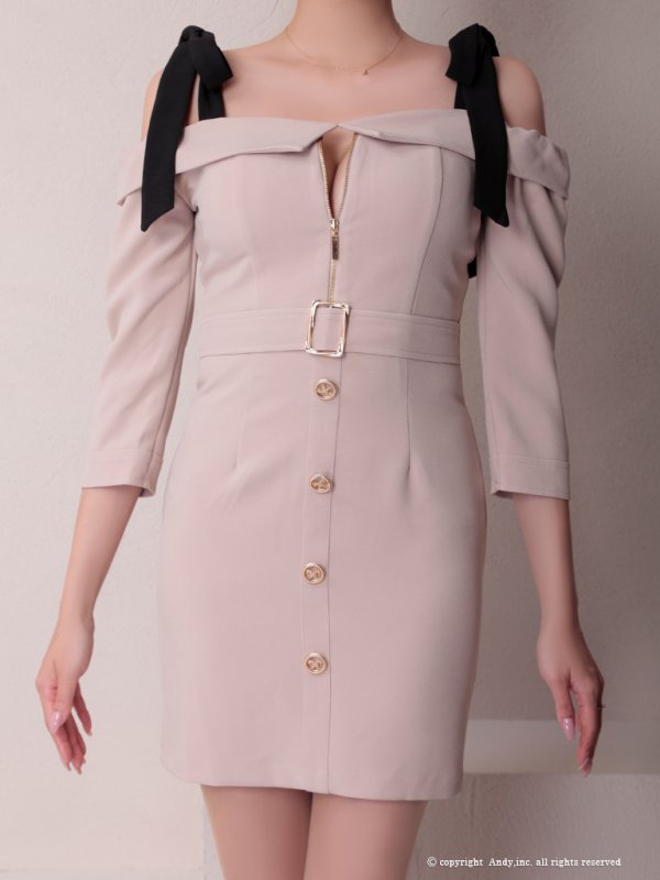 画像5: XSサイズあり【ANDY/アンディ】 フロントジッパー/ リボン/ 袖あり/ 七分袖/ ベルト/ ボタン/ タイト/ ミニドレス/ キャバドレス[OF05] (5)
