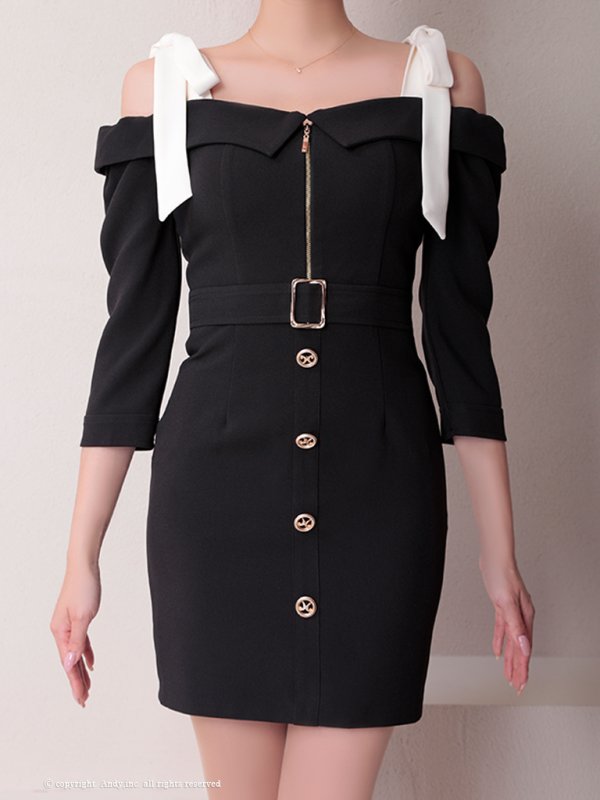 画像14: XSサイズあり【ANDY/アンディ】 フロントジッパー/ リボン/ 袖あり/ 七分袖/ ベルト/ ボタン/ タイト/ ミニドレス/ キャバドレス[OF05] (14)