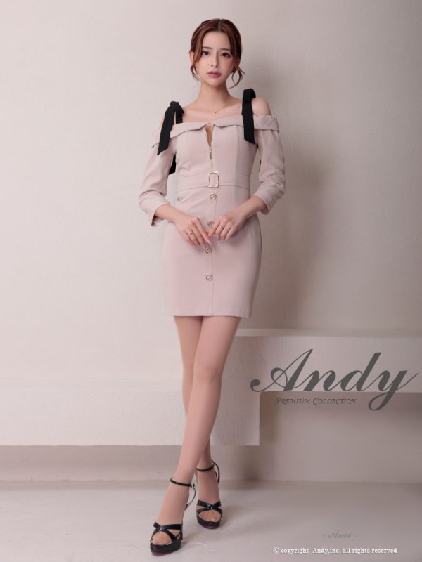 画像2: XSサイズあり【ANDY/アンディ】 フロントジッパー/ リボン/ 袖あり/ 七分袖/ ベルト/ ボタン/ タイト/ ミニドレス/ キャバドレス[OF05] (2)