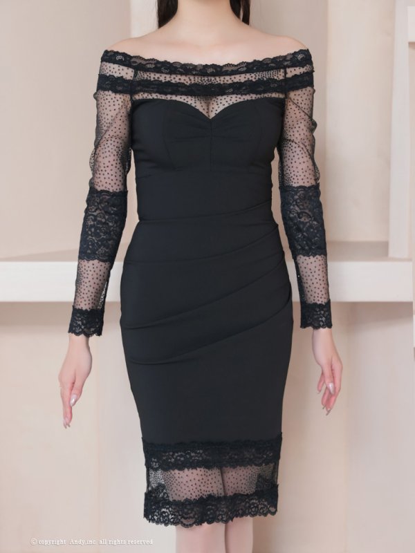 画像5: 【ANDY/アンディ】オフショルダー/ 長袖/ 袖あり/ レース/ 膝丈/ タイト/ ミディアムドレス/ キャバドレス[OF05] (5)