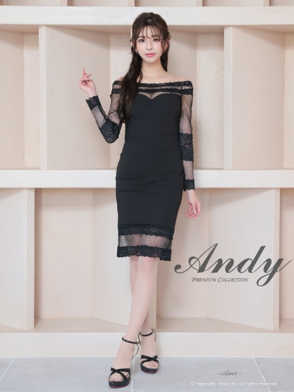画像2: 【ANDY/アンディ】オフショルダー/ 長袖/ 袖あり/ レース/ 膝丈/ タイト/ ミディアムドレス/ キャバドレス[OF05] (2)