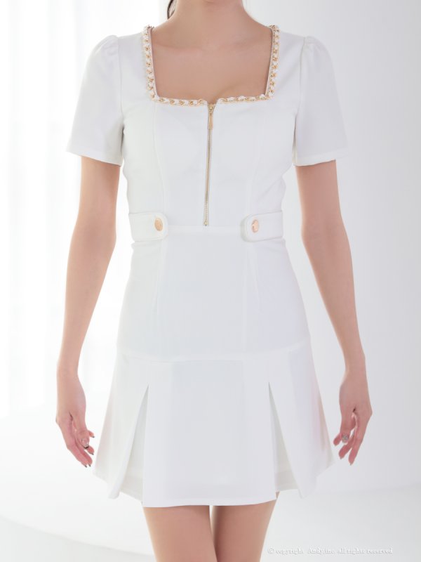 画像21: 【ANDY/アンディ】フロントジップ/ 半袖/ 袖あり/ スクエアネック/ チェーンパイピング/ ボックスプリーツ/ フレア/ ミニドレス/ キャバドレス[OF05] (21)