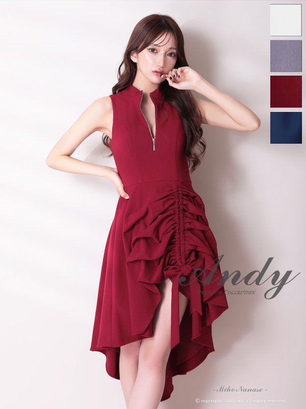 画像17: XSサイズあり【ANDY/アンディ】テールカット/ プチハイネック/ リボン/ ギャザリング/ ノースリーブ/ フレア/ ミディアムドレス/ ワンピース/ キャバドレス[OF05] (17)