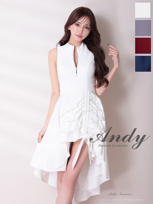 画像24: XSサイズあり【ANDY/アンディ】テールカット/ プチハイネック/ リボン/ ギャザリング/ ノースリーブ/ フレア/ ミディアムドレス/ ワンピース/ キャバドレス[OF05] (24)