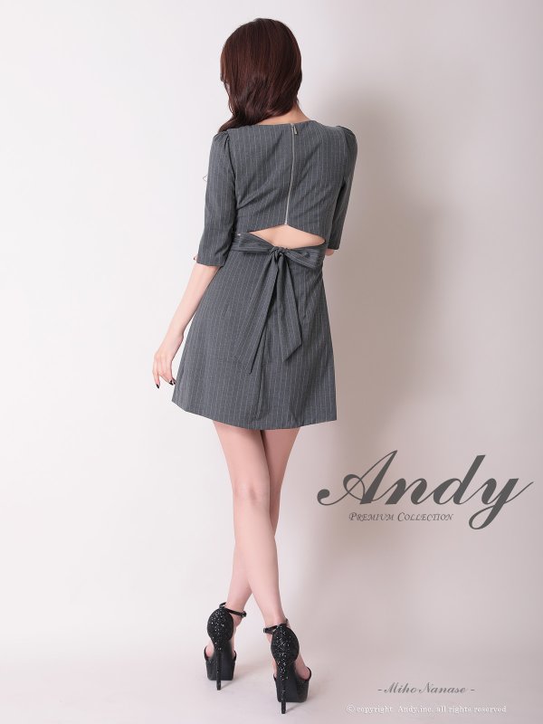 画像4: 【ANDY/アンディ】スクエアネック/ ストライプ/ ボタン/ フロントジップ/ ハーフスリーブ/ 袖あり/ プリーツ/ フレア/ アシンメトリー/ ミニドレス/ キャバドレス[OF05] (4)