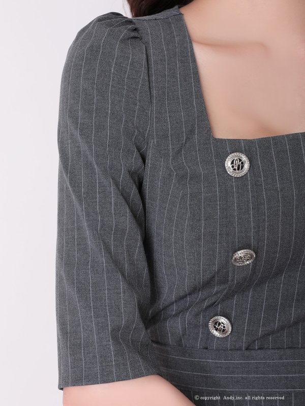画像6: 【ANDY/アンディ】スクエアネック/ ストライプ/ ボタン/ フロントジップ/ ハーフスリーブ/ 袖あり/ プリーツ/ フレア/ アシンメトリー/ ミニドレス/ キャバドレス[OF05] (6)