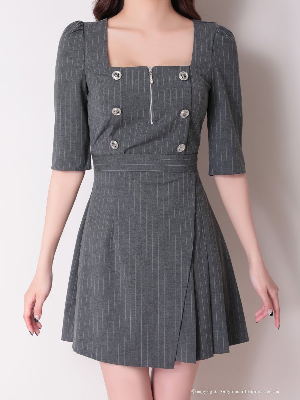 画像5: 【ANDY/アンディ】スクエアネック/ ストライプ/ ボタン/ フロントジップ/ ハーフスリーブ/ 袖あり/ プリーツ/ フレア/ アシンメトリー/ ミニドレス/ キャバドレス[OF05] (5)