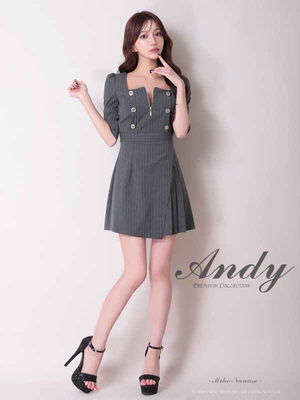 画像2: 【ANDY/アンディ】スクエアネック/ ストライプ/ ボタン/ フロントジップ/ ハーフスリーブ/ 袖あり/ プリーツ/ フレア/ アシンメトリー/ ミニドレス/ キャバドレス[OF05] (2)