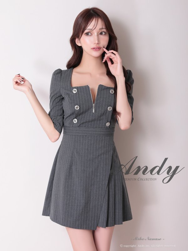 画像1: 【ANDY/アンディ】スクエアネック/ ストライプ/ ボタン/ フロントジップ/ ハーフスリーブ/ 袖あり/ プリーツ/ フレア/ アシンメトリー/ ミニドレス/ キャバドレス[OF05] (1)