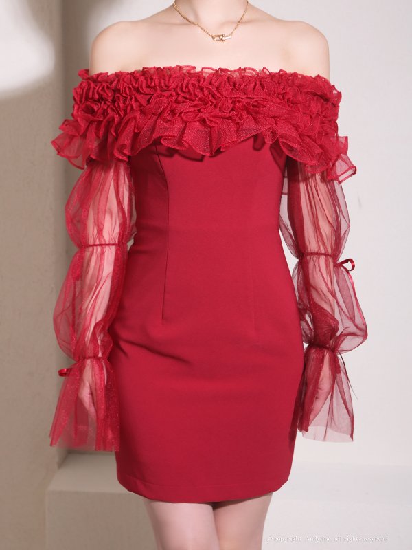 画像5: 【ANDY/アンディ】 ギャザーフリル/ 2way/ 袖付き/ ロングスリーブ/ オフショル/ シアー/ チュール/ タイト/ ミニドレス/ キャバドレス[OF05] (5)