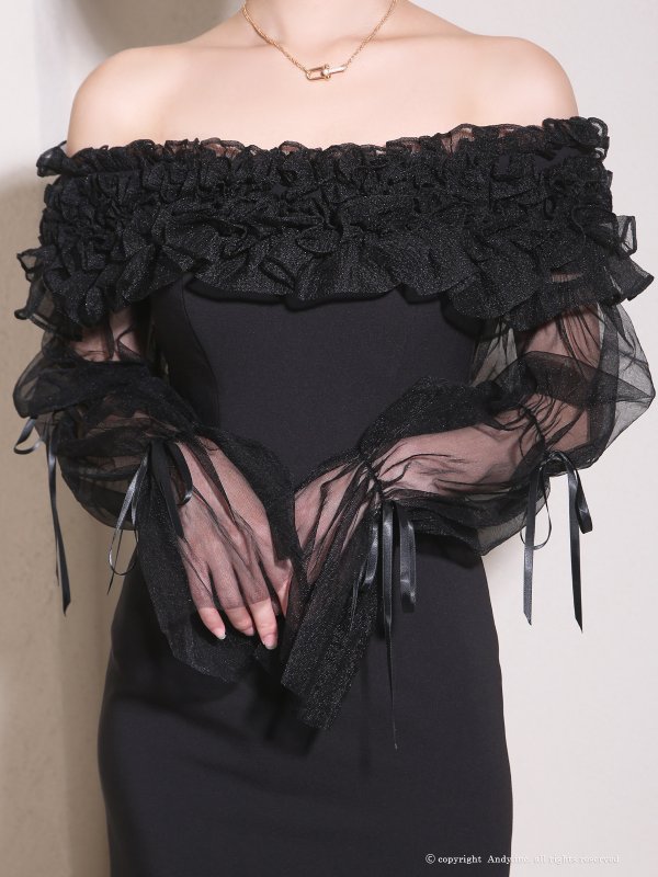 画像14: 【ANDY/アンディ】 ギャザーフリル/ 2way/ 袖付き/ ロングスリーブ/ オフショル/ シアー/ チュール/ タイト/ ミニドレス/ キャバドレス[OF05] (14)