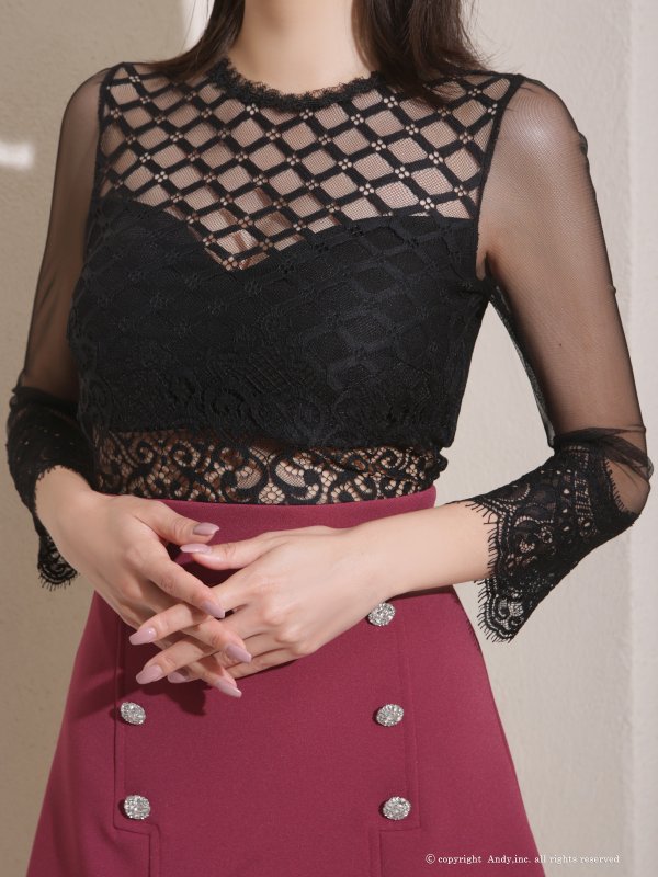 画像6: 【ANDY/アンディ】シアー/ レース/ 切替/ タイトスリーブ/ 五分袖/ 袖あり/ ダブルボタン/ ボックスプリーツ/ フレア/ ワンピース/ ミニドレス/ キャバドレス[OF05] (6)
