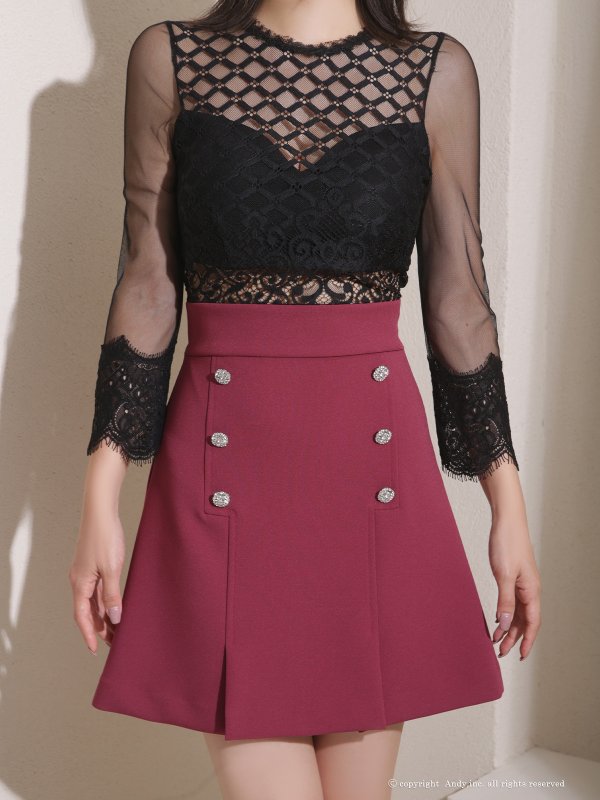 画像4: 【ANDY/アンディ】シアー/ レース/ 切替/ タイトスリーブ/ 五分袖/ 袖あり/ ダブルボタン/ ボックスプリーツ/ フレア/ ワンピース/ ミニドレス/ キャバドレス[OF05] (4)