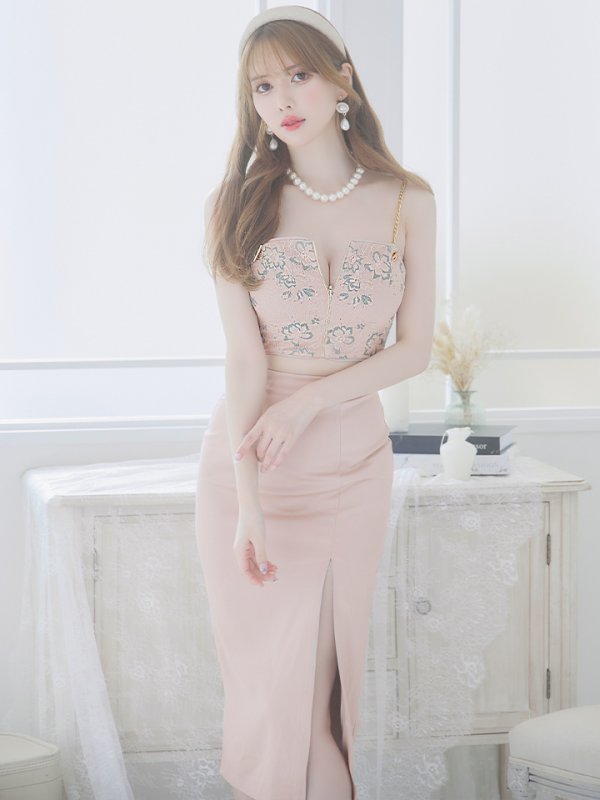 画像2: 【ANIER./アニエル】【ROBE de FLEURS/ローブドフルール】フラワーレース/ チェーン/ キャミソール/ ビジュー/ ミディアム丈/ セットアップ/ 2ピース/ ミディアムドレス/ キャバドレス[OF08] (2)