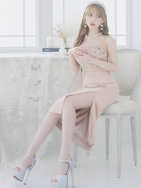 画像6: 【ANIER./アニエル】【ROBE de FLEURS/ローブドフルール】フラワーレース/ チェーン/ キャミソール/ ビジュー/ ミディアム丈/ セットアップ/ 2ピース/ ミディアムドレス/ キャバドレス[OF08] (6)