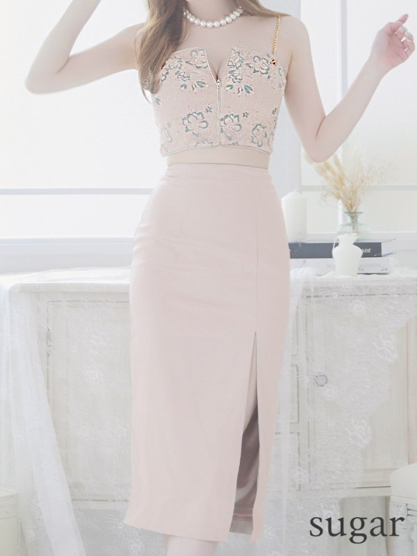 画像8: 【ANIER./アニエル】【ROBE de FLEURS/ローブドフルール】フラワーレース/ チェーン/ キャミソール/ ビジュー/ ミディアム丈/ セットアップ/ 2ピース/ ミディアムドレス/ キャバドレス[OF08] (8)