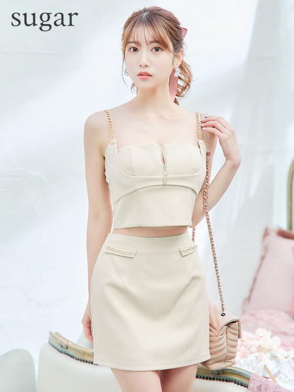 XSサイズあり【Anier ROBE./アニエルローブ】【ROBE de FLEURS/ローブドフルール】チェーン/ フェティッシュ/ セットアップ/ 2ピース/ キャミソール/ タイト/ ミニドレス/ キャバドレス　アイボリー