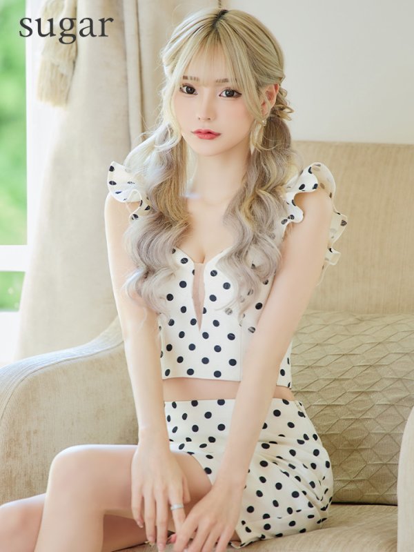 XSサイズあり【Anier ROBE./アニエルローブ】【ROBE de FLEURS/ローブドフルール】dot bust cut frill setup dress/ セットアップ/ 2ピース/ ノースリーブ/ ドット/ シアー/ ミニドレス/ キャバドレス ホワイト