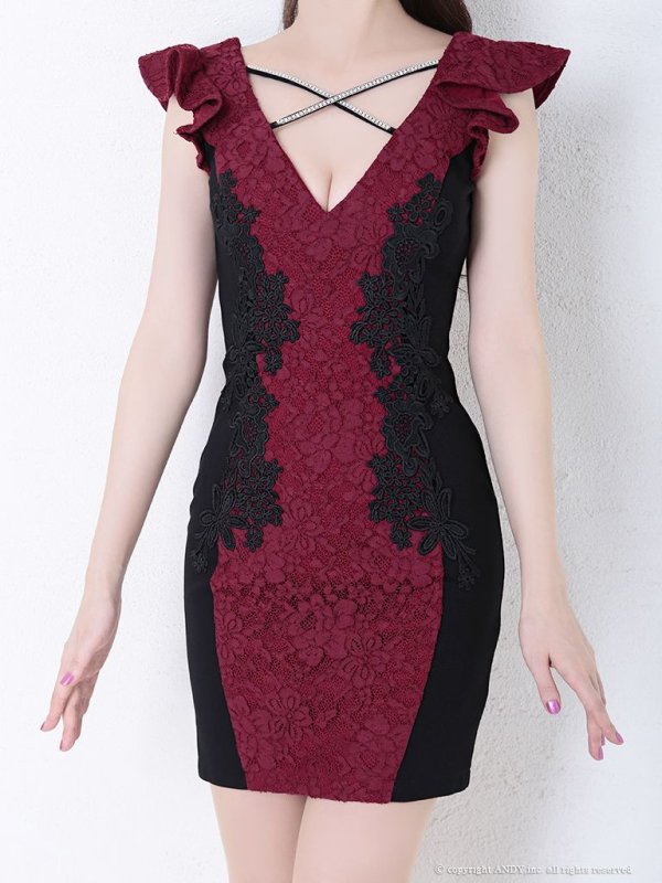 画像5: 【an/アン】フラワーレース /フリルスリーブ /クロスデザイン /タイト /ミニドレス /キャバドレス[OF05] (5)